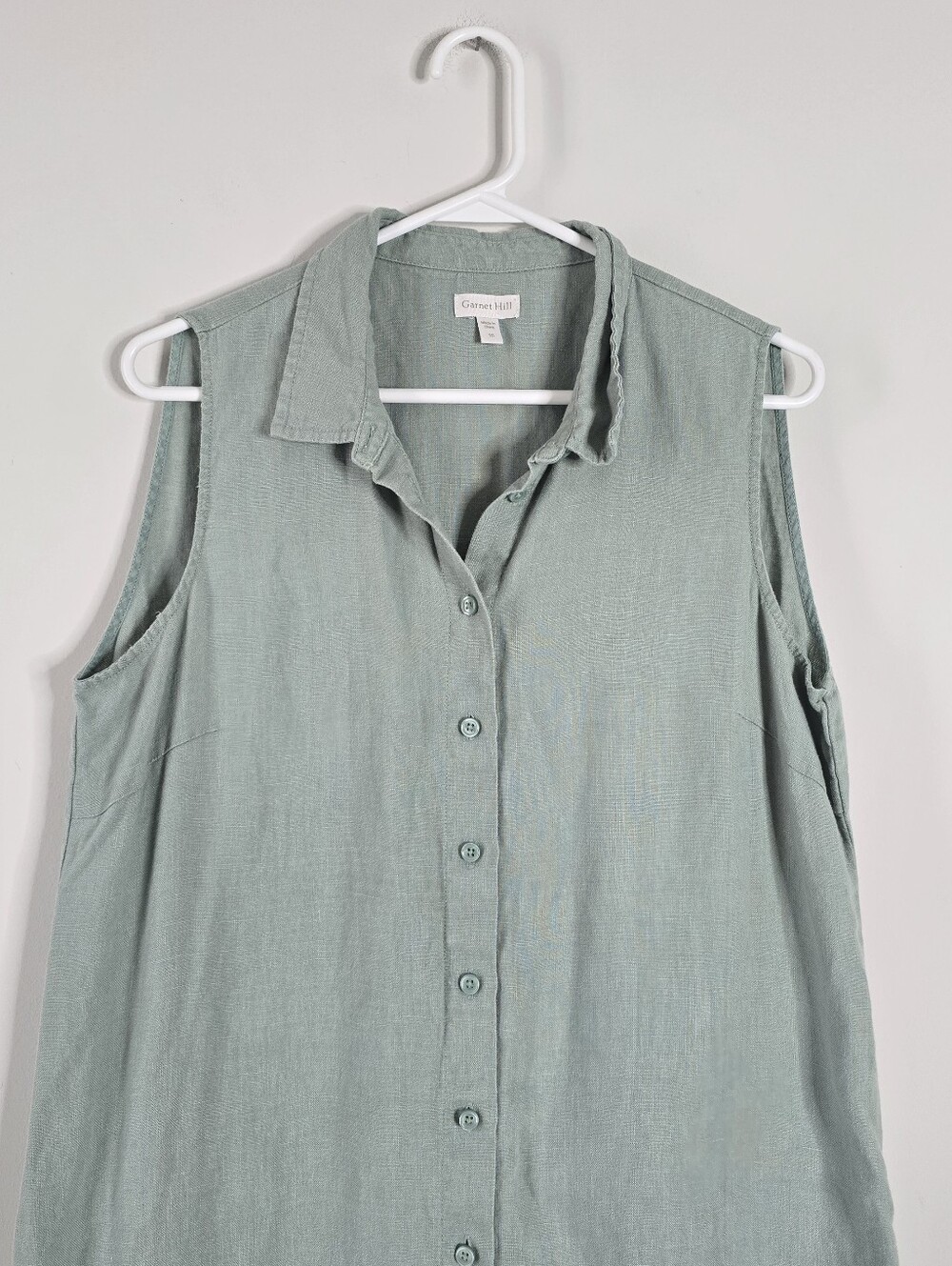 Garnet Hill Sage Classic Linen Shirtdress 10 Collared Button Front Minimalist - Picture 4 of 11